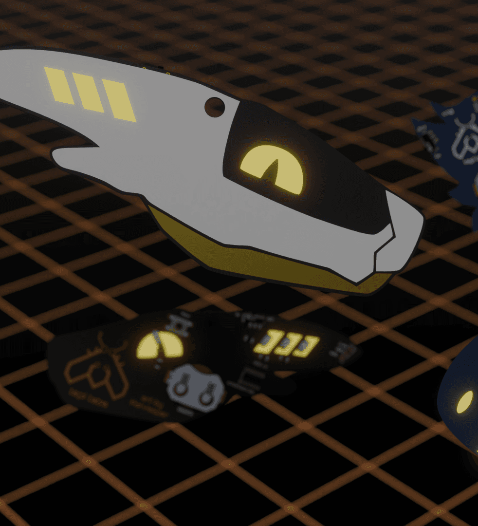 3D render of a PCB badge in the shape of a synth's head. It has a white shell, a black visor, a shiny copper lower jaw, and yellow LEDs for the eye and horn lights. In the background is another synth badge flipped around to show the components. In the edge of the picture, other badges can be glimpsed. They are floating above an orange and black grid.