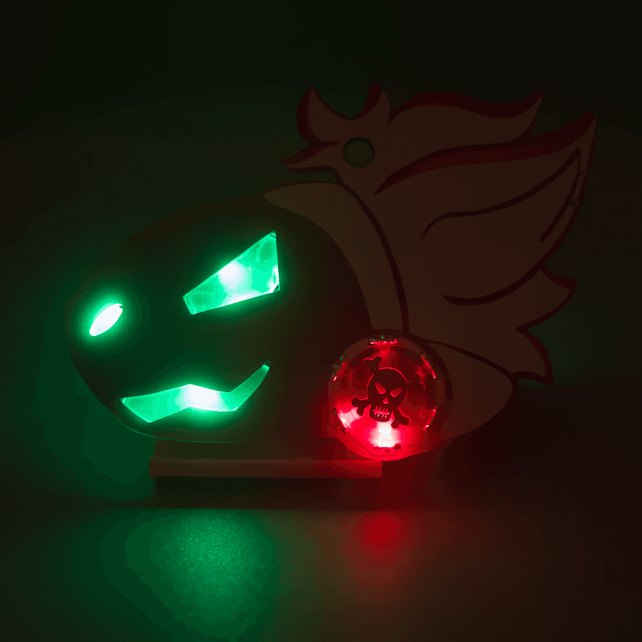 A brightly illuminated PCB badge in a dark environment. The badge is in the shape of a protogen's head. They have a mad expression. The facial features are illuminated green. They also have a circle of red LEDs on their cheek with a copper skull and crossbones in the center. They have white hair.