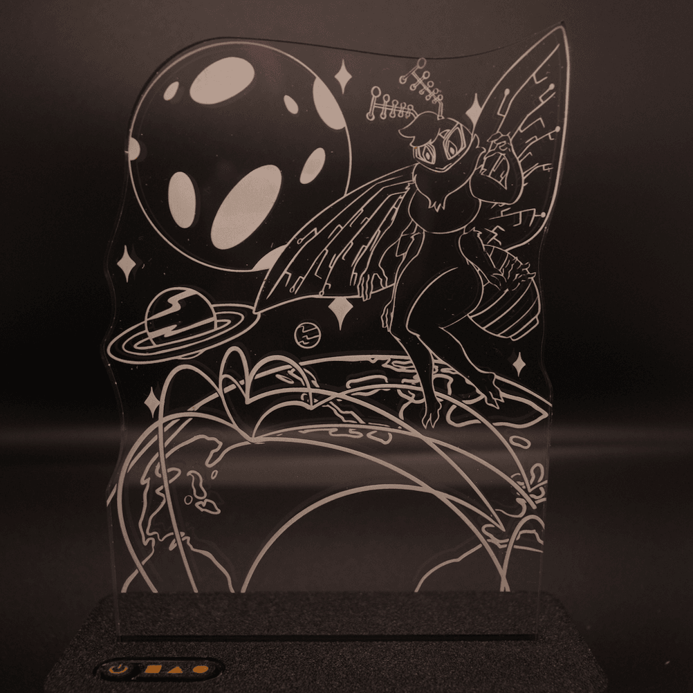 A clear, unlit acrylic standee, featuring an illustration of one of the Lepi Labs Mascots, Ace, looking over the globe, parts of Eastern America and Western Europe are visible. The world has visible arcs connecting the locations of the biggest real world servers. In the background are various stars, the moon and Saturn. Art made by raivesper