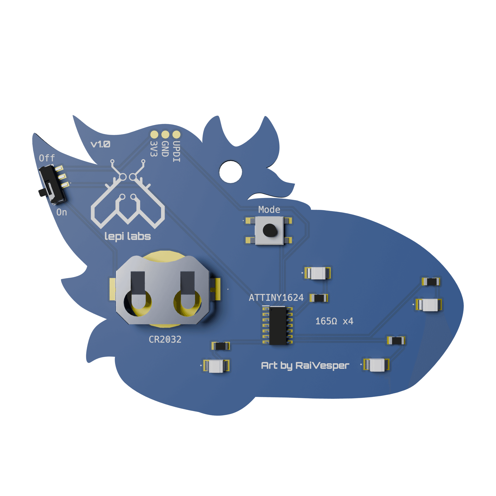 Rear side of the protogen badge, showing the components which include a coin cell battery holder, a push button switch for the mode, four reverse mounted LEDs, a microcontroller, a sliding power switch, and a UPDI connector for programming.