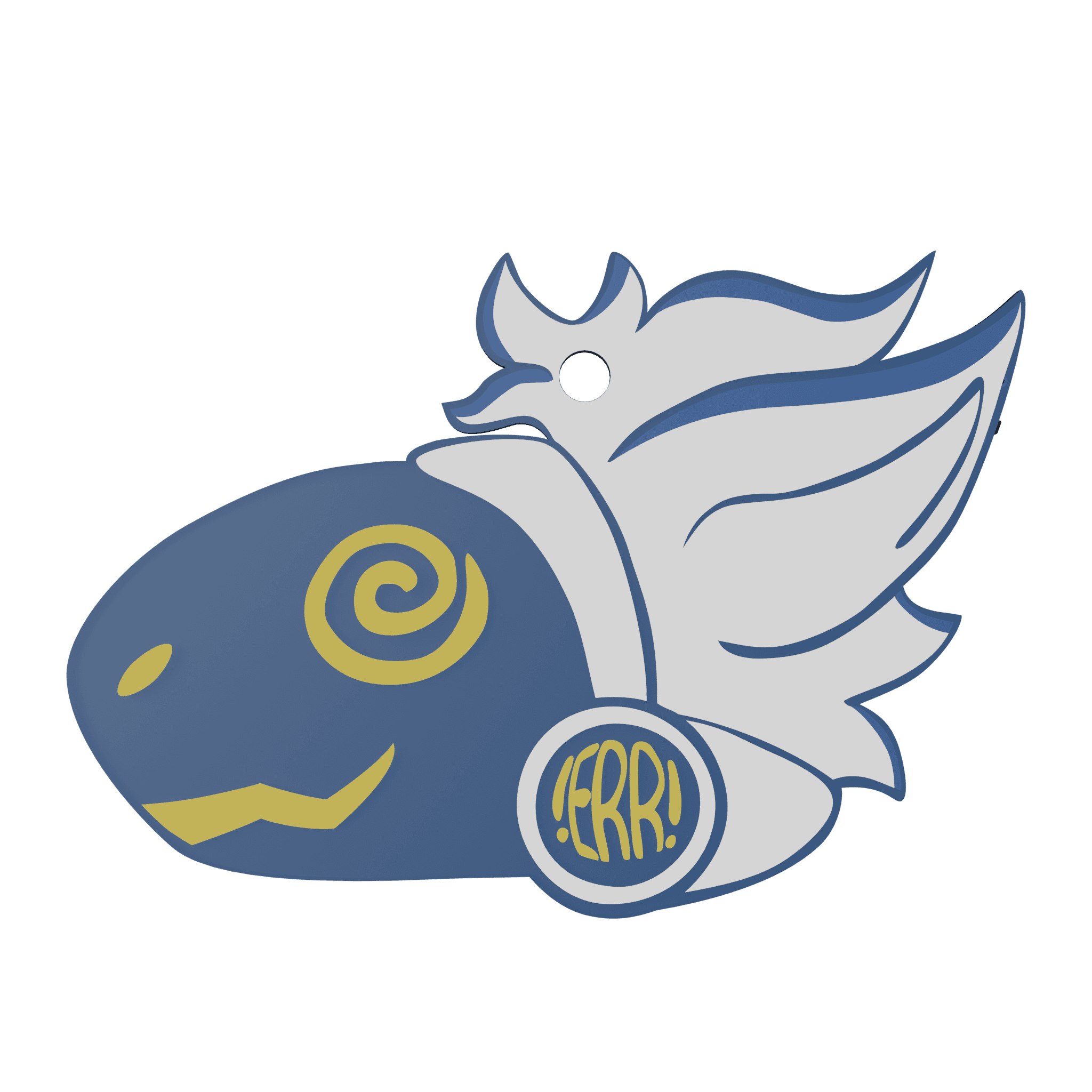 A PCB badge in the shape of a furry protogen's head. They have yellow facial features, white hair, ontop a blue base. Their eye is swirly, and the symbol on their cheek reads "!ERR!".