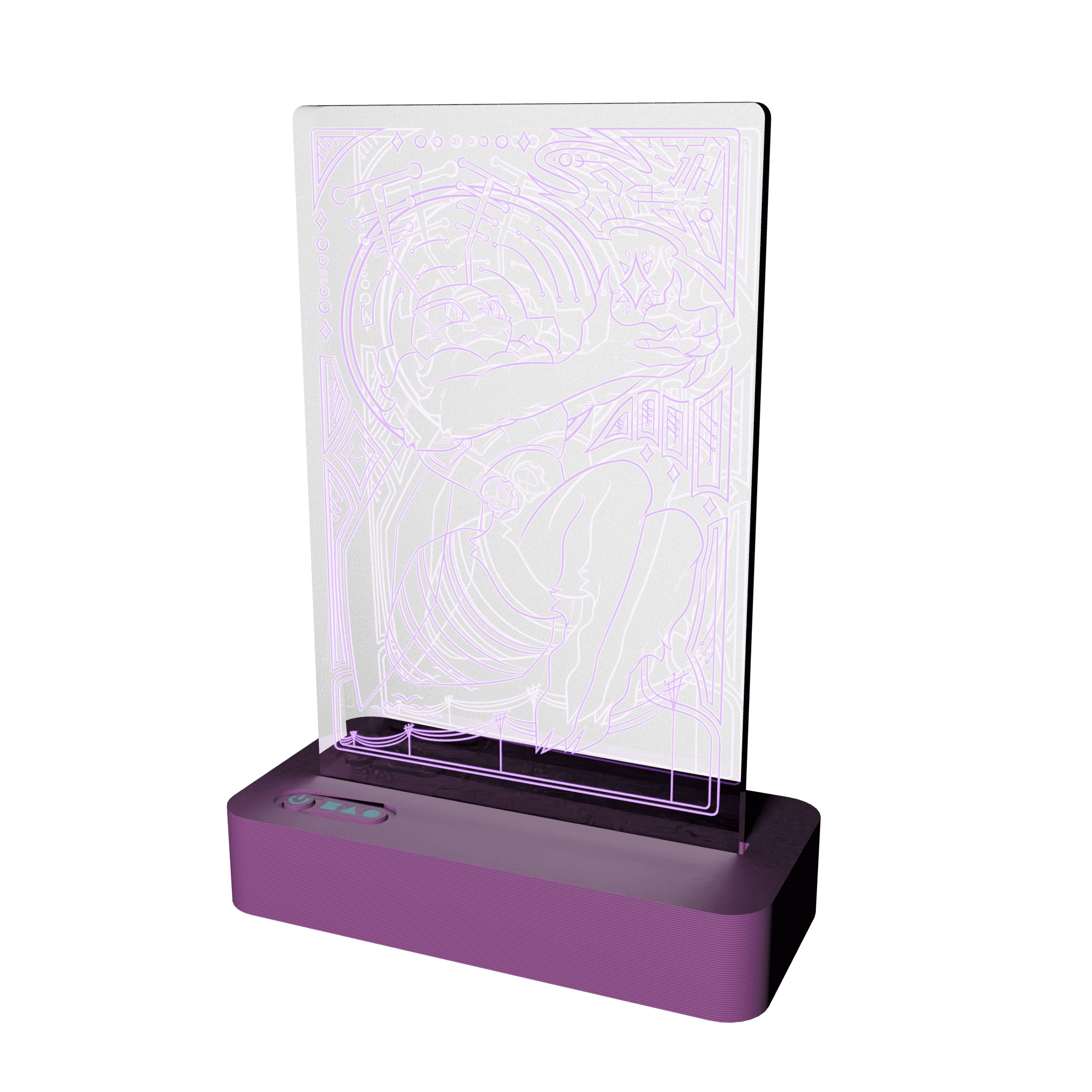 A 3D render of a clear acrylic standee, featuring an illustration of one of the Lepi Labs Mascots, Deedee, holding a glowing star in her hand. Electrical poles and a flock of birds are featured in the lower half of the illustration. There are circuitry like markings around the border of the illustration. Art made by makanioverlord