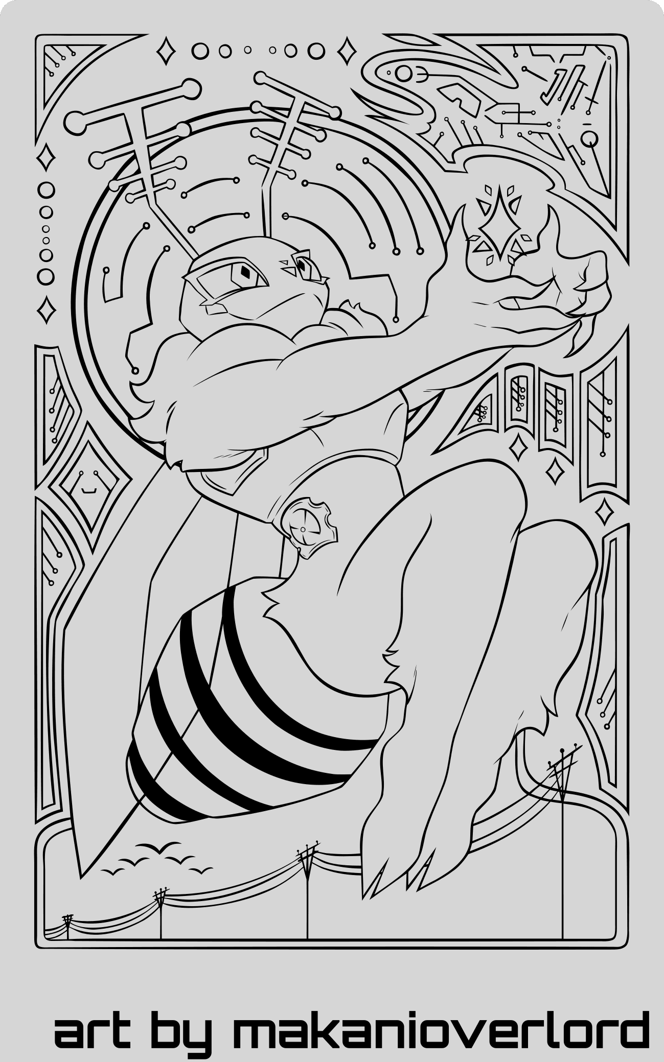 An illustration of one of the Lepi Labs Mascots, Deedee, holding a glowing star in her hand. Electrical poles and a flock of birds are featured in the lower half of the illustration. There are circuitry like markings around the border of the illustration. Art made by makanioverlord