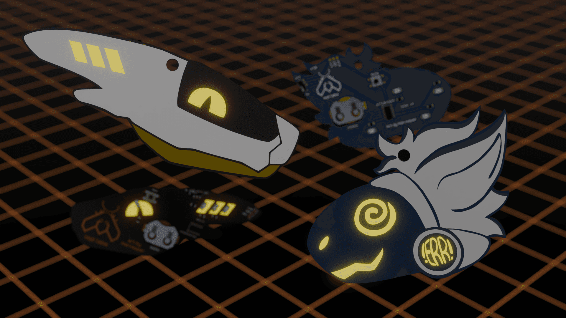 3D render of two badges, one in the shape of a furry synth and another of a swirly eyed protogen. The badges have lights for facial features such as the eyes and mouth. In the background are copies of the badges rotated around to show the electronic components on them.