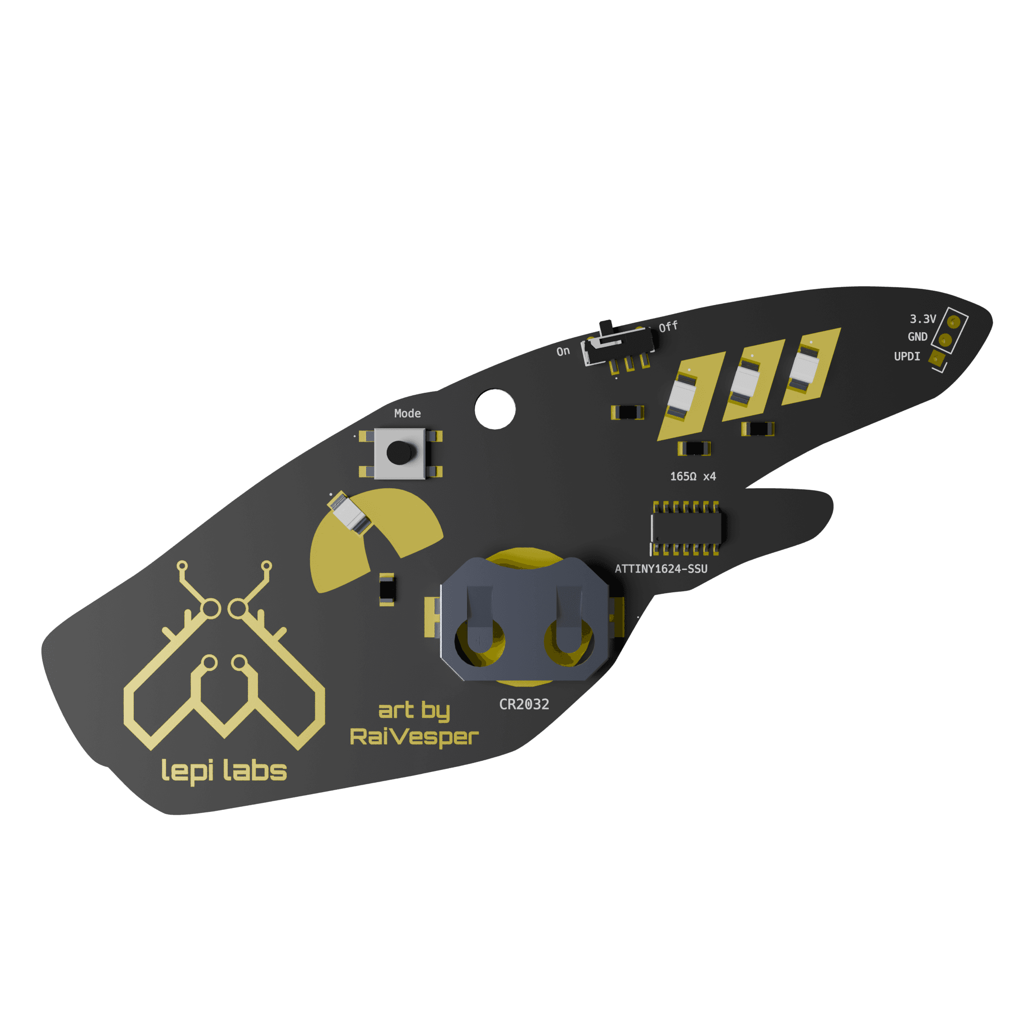 Rear view of the synth PCB badge. The components shown include a push button to change modes, three reverse mounted LEDs, a CR2032 coin cell battery holder, a microcontroller, a sliding power switch, and a connector at the tip for UPDI programming.