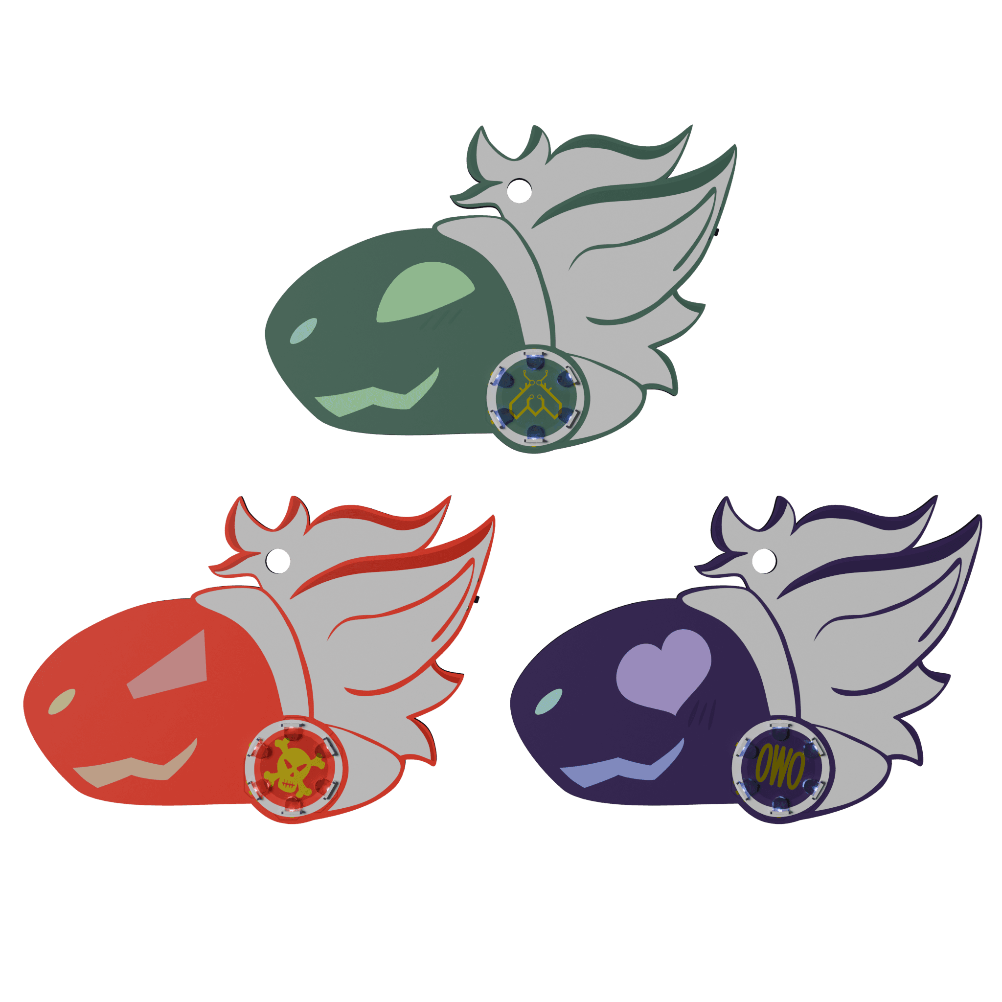 Three RGB protogen badges. The top one is green with a happy expression, and has the Lepi Labs logo on the cheek. The bottom left one is red with a mad expression, and has a skull and crossbones on the cheek. The last one on the bottom right is purple with a heart for an eye, and has "OWO" on the cheek. They all have white hair.